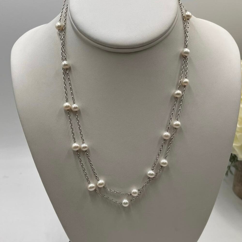 White Potato Freshwater Pearls Sterling Silver Station Long Necklace‎ 36”